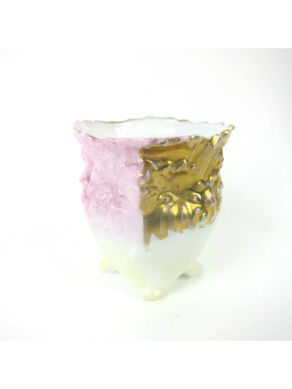 Antique Porcelain Footed Tea Cup & Saucer Set Pink Yellow Gold Floral Demitasse